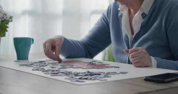 Elderly woman playing puzzle at home — Stock Video