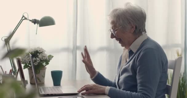Mujer mayor teniendo una videollamada en su portátil — Vídeo de stock