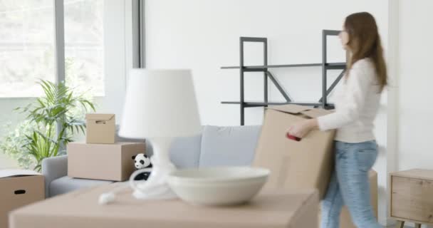 Happy young woman moving in her new apartment — Stock Video
