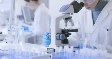 Mikroskop kullanarak bir örneği inceleyen bir araştırmacı.