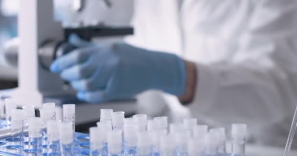 Um pesquisador examina uma amostra biológica sob um microscópio. — Vídeo de Stock
