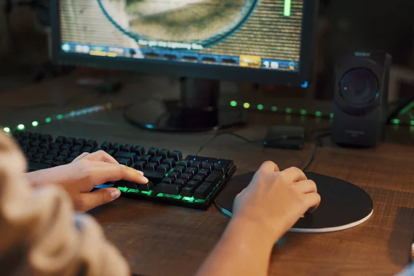 Young Gamer Playing Online Video Games His Computer Hands Close — 스톡 사진