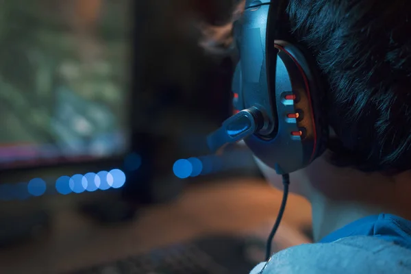 Young Gamer Wearing Headset Playing Online Multiplayer Video Games His — 스톡 사진