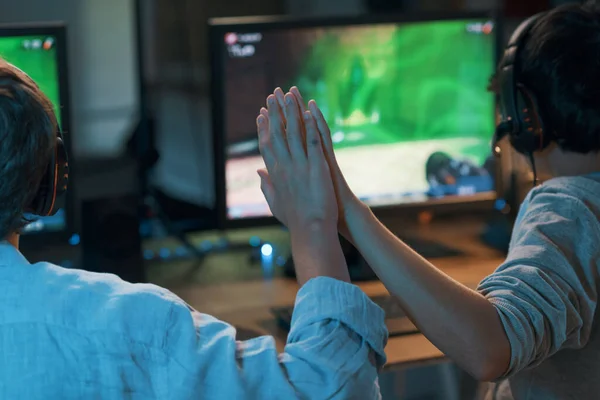 Cheerful Friends Playing Online Video Games Together Winning Give High — 스톡 사진