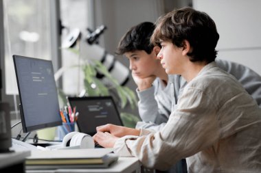 Young students using computers in the lab, learning and technology concept