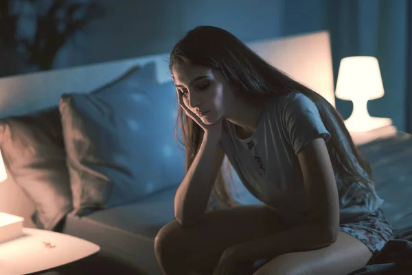 Tired Young Woman Sitting Bed Late Night Sleep Disorder Concept — Stock Photo, Image