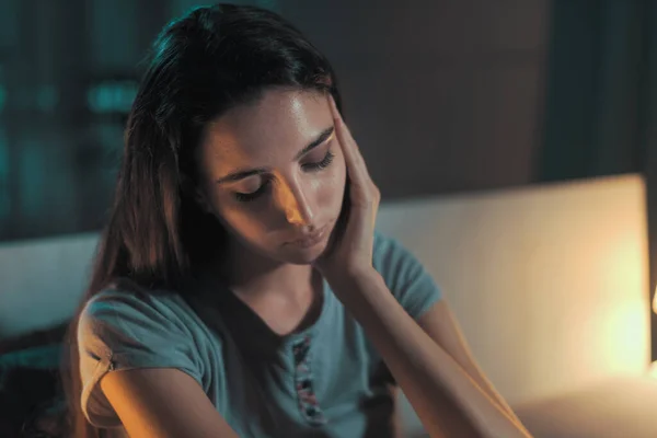 Depressed Young Woman Sitting Bed Night She Can Sleep — Stok Foto