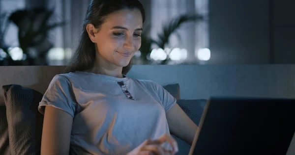 Young Smiling Woman Connecting Her Laptop Home She Chatting Social — Foto de Stock