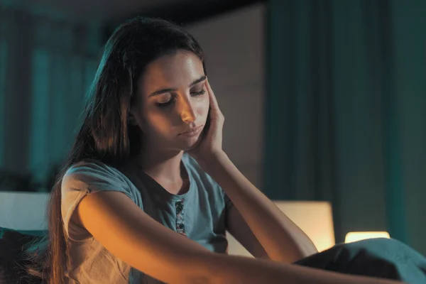 Depressed Young Woman Sitting Bed Night She Can Sleep — Stok Foto