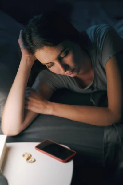 Sad Young Woman Lying Bed Suffering Insomnia She Staring Her — Fotografia de Stock