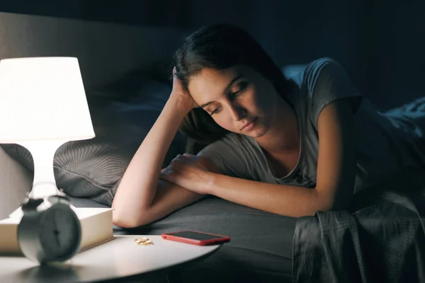 Sad Young Woman Lying Bed Suffering Insomnia She Staring Her — Stock fotografie