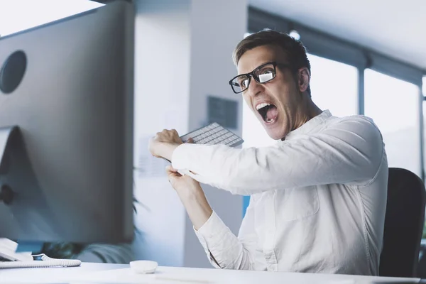 Insane Angry Businessman Having Nervous Breakdown Lost His Patience Hitting — Stockfoto