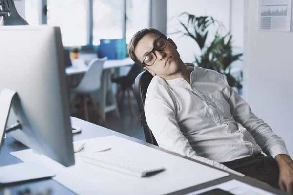 Inefficient Businessman Sleeping His Office Stressed Exhausted — 图库照片
