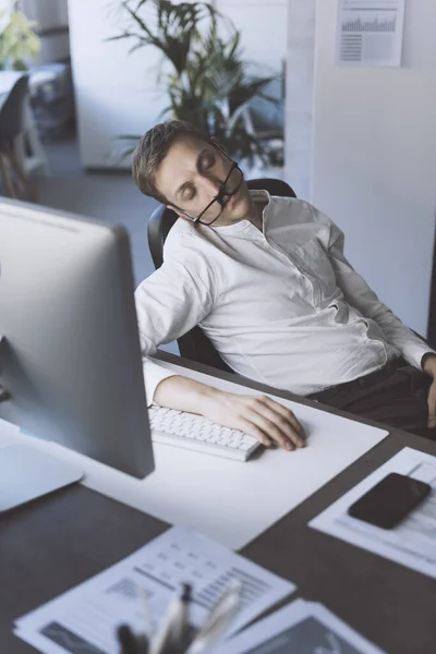 Inefficient Businessman Sleeping His Office Stressed Exhausted — Zdjęcie stockowe