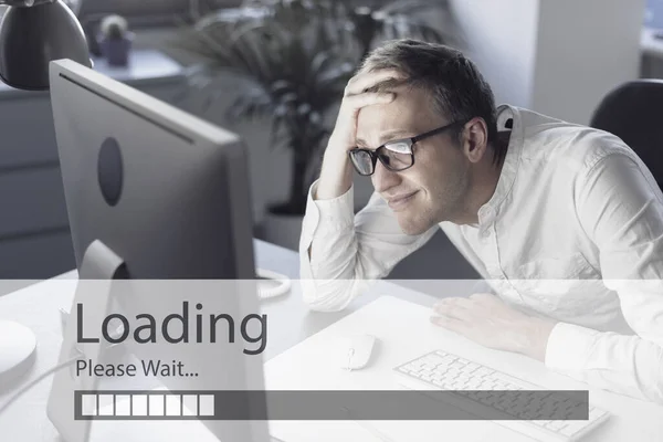 Sad Businessman Working His Computer Staring Lagging Loading Bar — Stock Photo, Image