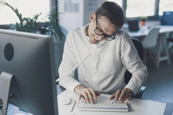 Corporate Businessman Sitting Desk Answering Phone Calls Smiling Typing Computer — Fotografia de Stock