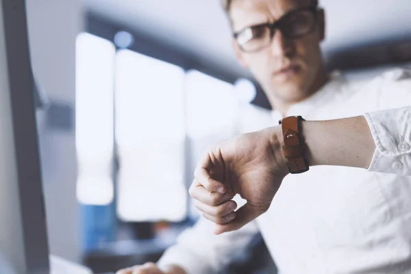 Stressed Businessman Checking Time His Watch Urgency Deadlines Concept — Fotografia de Stock