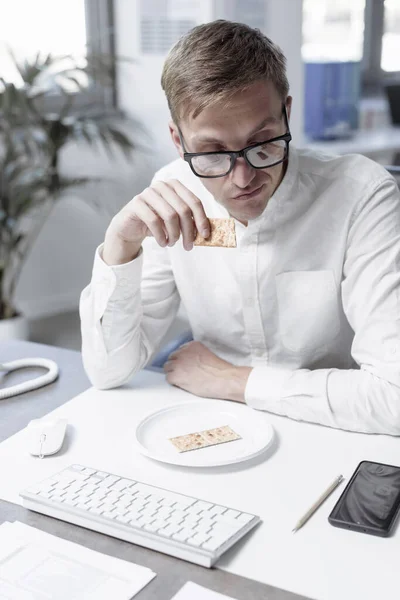 Sad Businessman Diet Having His Lunch Break Office Having Very — Fotografie, imagine de stoc