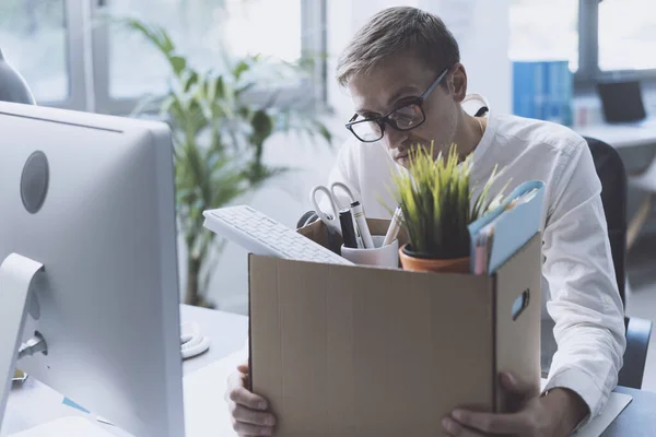 Fired Office Worker Packing His Belongings Box Leaving Office Sitting — Stockfoto