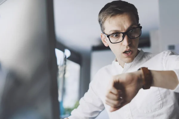 Stressed Businessman Checking Time His Watch Urgency Deadlines Concept — стоковое фото