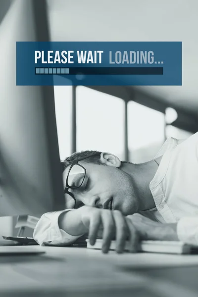 Exhausted Stressed Office Worker Sleeping His Desk Slow Loading Bar — Foto Stock