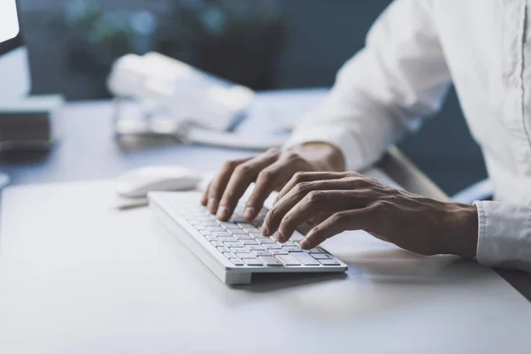 Corporate Businessman Sitting Desk Typing Hands Close — стоковое фото