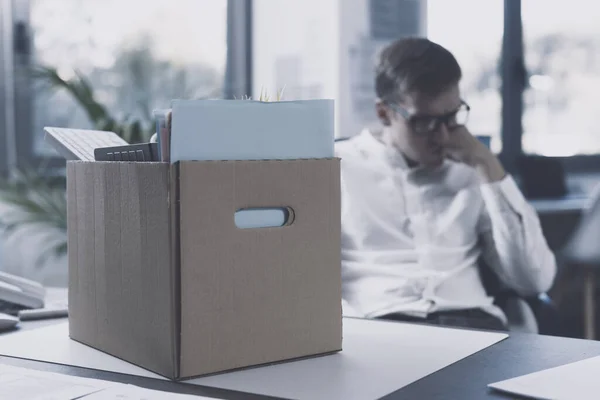 Fired Office Worker Packing His Belongings Box Leaving Office Sitting — Stock fotografie