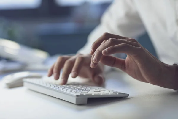 Corporate Businessman Sitting Desk Typing Hands Close — стоковое фото