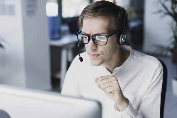 Remote Worker Connecting Online Wearing Headset Having Video Call His — Fotografie, imagine de stoc