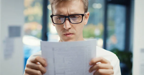 Corporate Businessman Glasses Checking Document Confused Disappointed — Fotografie, imagine de stoc