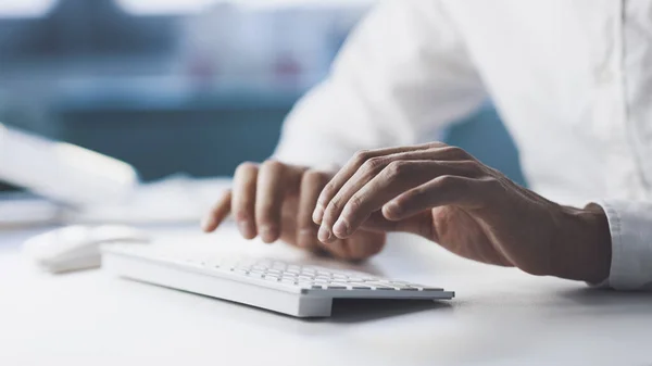 Corporate Businessman Sitting Desk Typing Hands Close — стоковое фото