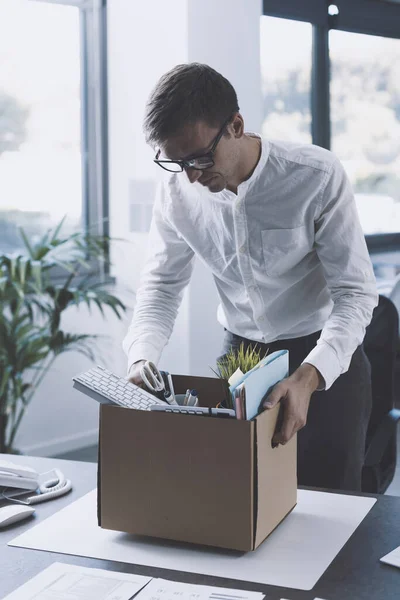 Fired Office Worker Packing His Belongings Cardboard Box Leaving Office — Zdjęcie stockowe