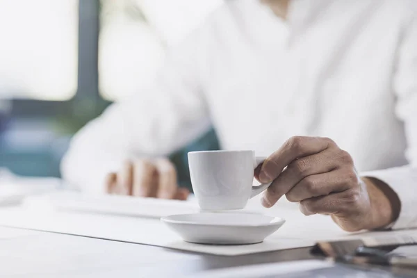 Man Sitting Desk Having Coffee Break Selective Focus — Stockfoto