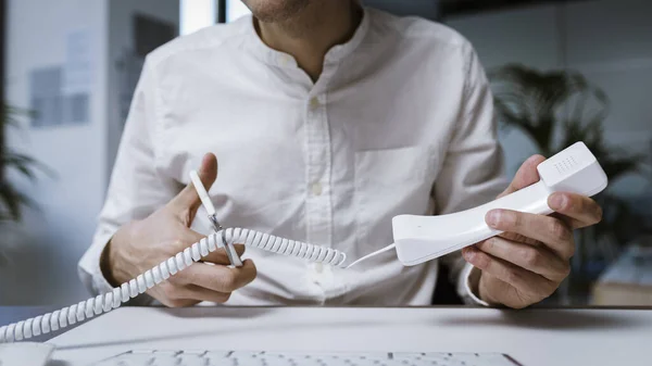 Office Worker Cutting Telephone Cord Scissors Tired Receiving Phone Calls — Foto de Stock