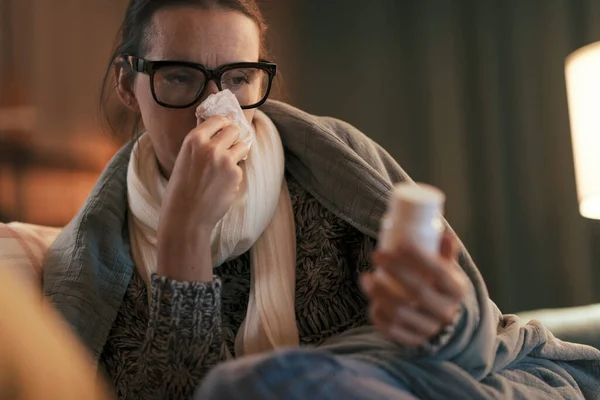 Sick Woman Cold Flu Home She Holding Pill Bottle Checking — Stockfoto