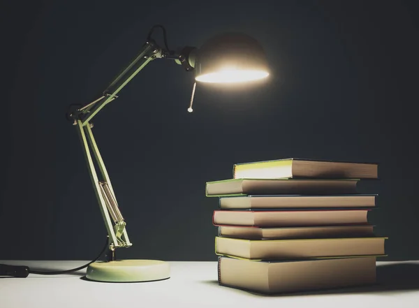Desk Lamp Pile Books Table Reading Knowledge Concept —  Fotos de Stock
