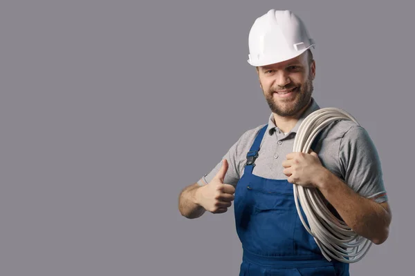 Professional Electrician Giving Thumbs Smiling — Zdjęcie stockowe