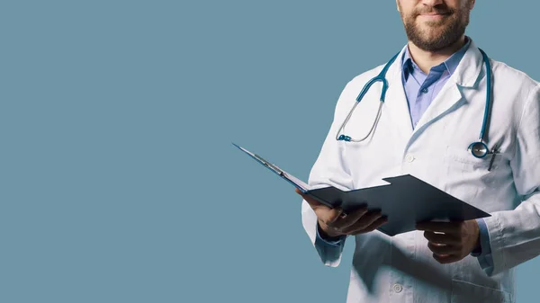 Confident Professional Doctor Holding Patient Medical Records Blank Copy Space — Photo