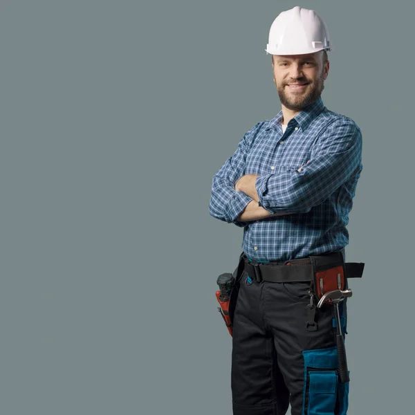 Smiling Engineer Safety Helmet Home Renovation Professional Service Concept — Zdjęcie stockowe