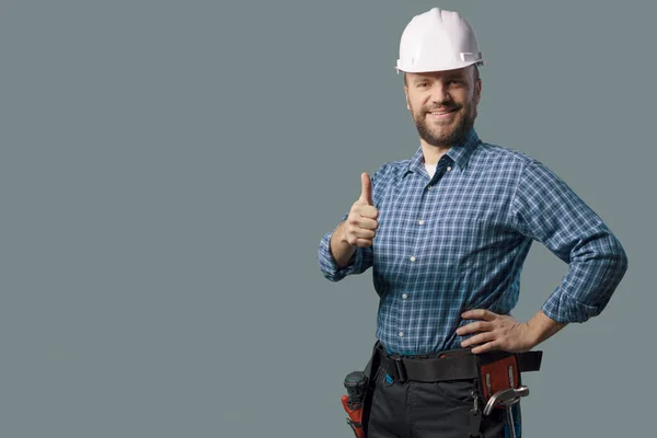 Smiling Engineer Safety Helmet Giving Thumbs Professional Service Concept — Zdjęcie stockowe