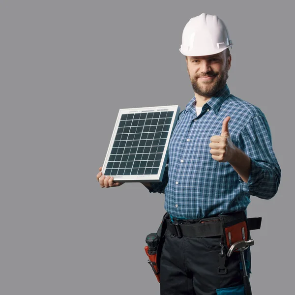 Professional Electrical Engineer Holding Solar Panel Giving Thumbs — Zdjęcie stockowe
