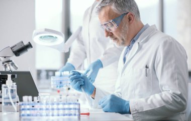 Laboratuvarda çalışan profesyonel bir tıp araştırmacısı. Örnekleri inceliyor.