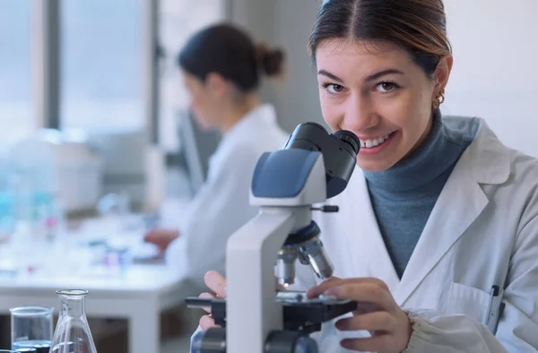 Young Medical Student Doing Research Clinical Lab She Smiling Looking — Stock Fotó