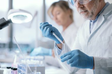 Laboratuvarda çalışan profesyonel bir tıp araştırmacısı. Örnekleri inceliyor.
