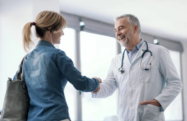 Professional Doctor Greeting Patient His Office Shaking Hands — 图库照片