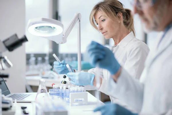 Research Team Working Lab Woman Holding Test Tubes Checking Samples — Photo