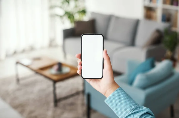 Woman Connecting Her Smartphone Using Smart Home Apps Domotics Technology — 스톡 사진