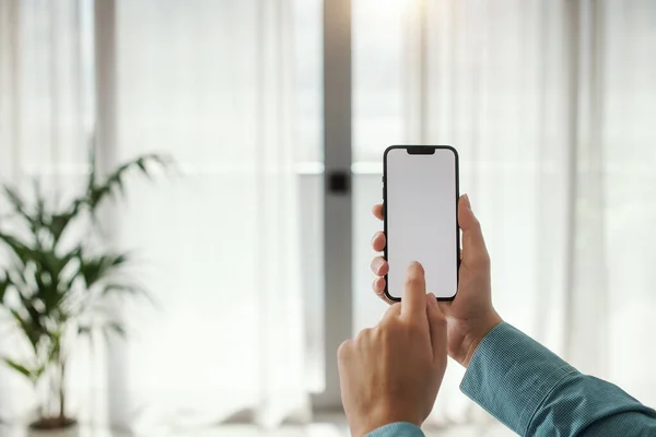 Woman Connecting Her Smartphone Using Smart Home Apps Domotics Technology — Zdjęcie stockowe