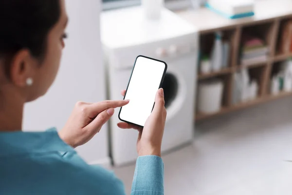 Woman Using Smart Appliances Home She Connecting Washing Machine Her — Zdjęcie stockowe