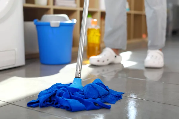 Woman Washing Floor Home She Using Mop Wiping Tiles — Fotografia de Stock